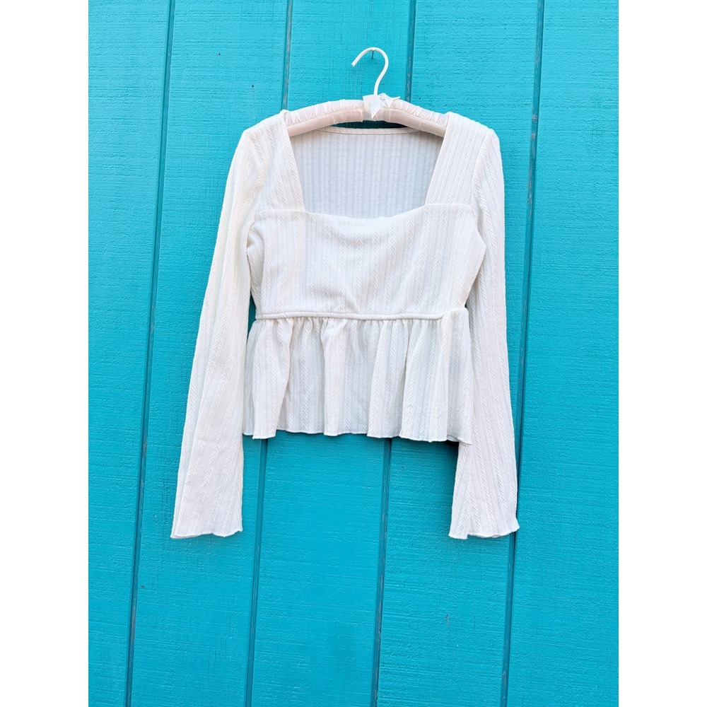 Dazy White Textured Chevron Knit Square Neck Peplum Long Sleeve Top Womens‎ XL